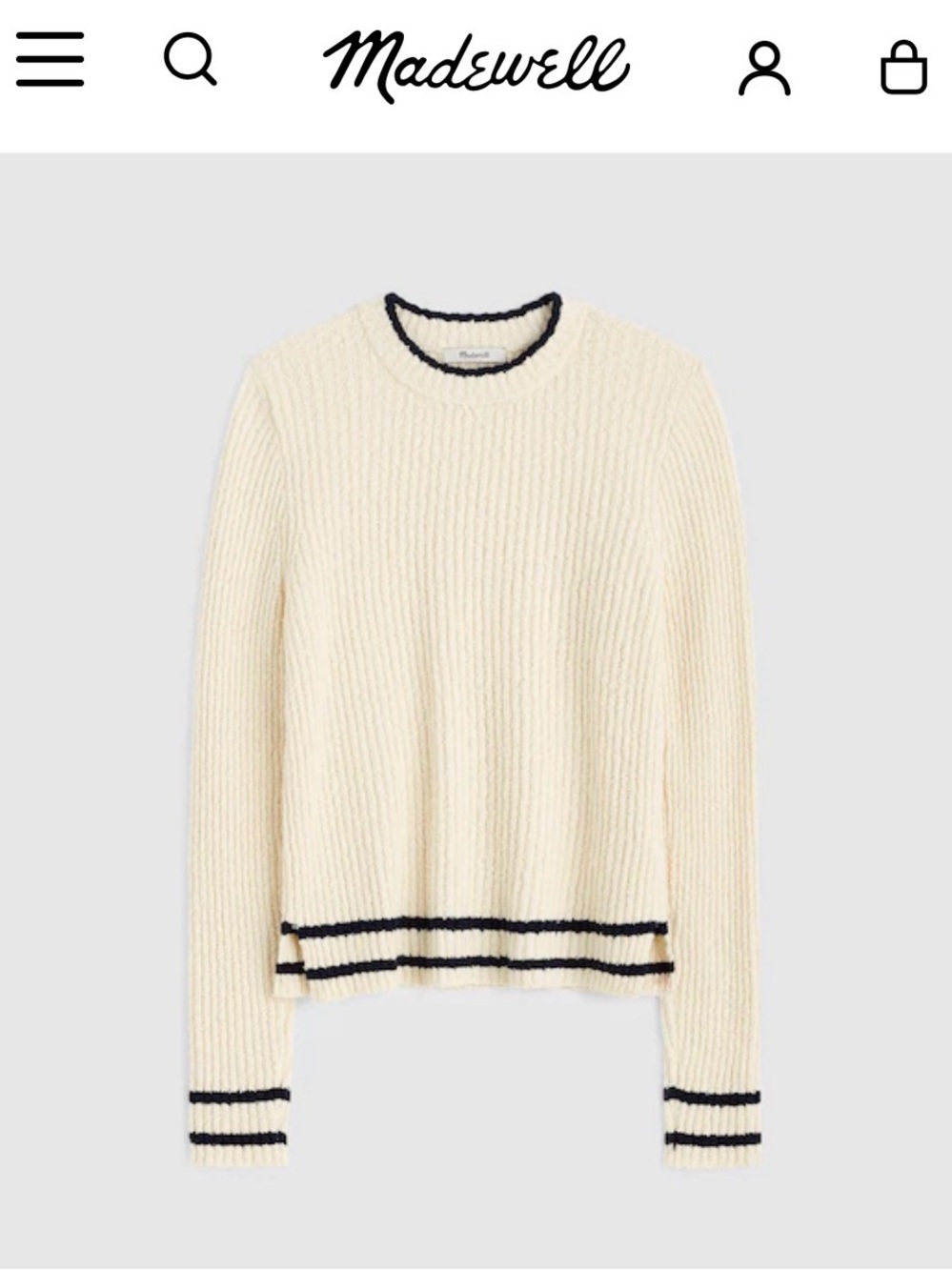 Madewell Cream Ribbed Crew Sweater with Navy Stripe Trim